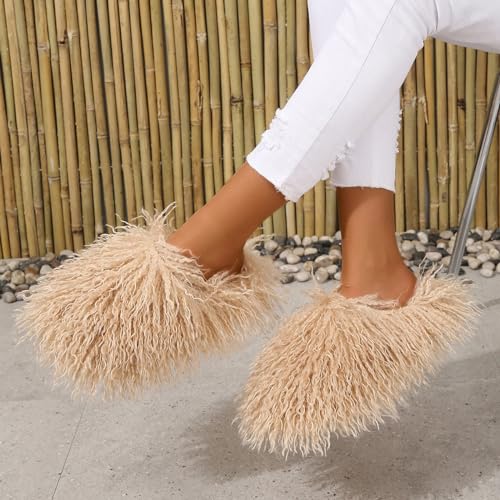 Image of Unisex Fuzzy Faux Fur Slippers, Women's Fluffy Long Hair Sheep Faux Fur Slip on Slides, Girls Luxury Big Fluffy Outdoor Flat Slippers, Long Curly Hair Non-Slip Warm Home Slide Shoes