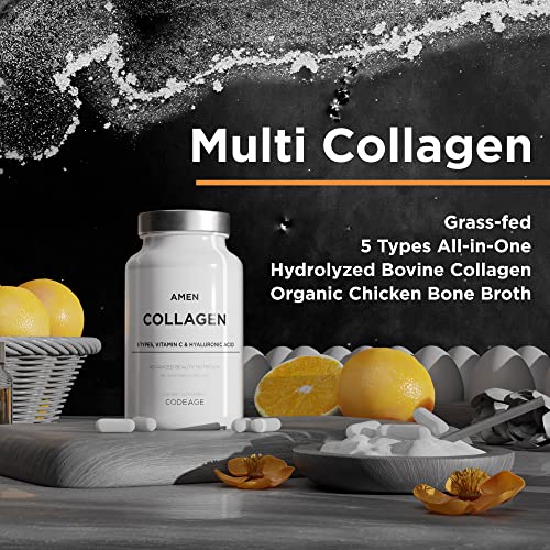 Amen Multi Collagen Peptides Capsules With Hyaluronic Acid And Vitamin C - 5 Types Of Collagen Protein Type I, Ii, Iii, V, X - Grass Fed - Hydrolyzed - Amino Acids - Collagen Supplement - 90 Pills #TOP2