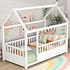 Kids Montessori Bed Twin Size Twin Floor Bed with High Fence House Bed for Kids Girls Boys Wood Montessori Floor Bed Without SlatsWhite Twin