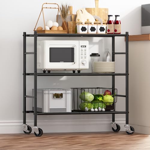 Image of Sakugi 3-Tier Storage Shelves 33.1 inch x12.6 inch x32.5 inch Black with Wheels | Kitchen, Closet, Pantry, Garage, Heavy Duty, Adjustable Feet, Metal Construction