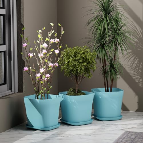 Image of StyleX Store Pack of 3 Square Plastic Flower Pot with Tray | Modern Indoor Outdoor Planter for Home Balcony Garden Office | Durable Lightweight Planter Pot | 6 Inch, Blue
