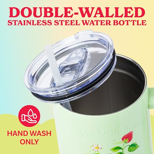 Image of Silver Buffalo Strawberry Shortcake and Custard inchLife is Delicious! inch Double Walled Stainless Steel Tumbler with Handle, Fits in Standard Cup Holder, 40 Ounces