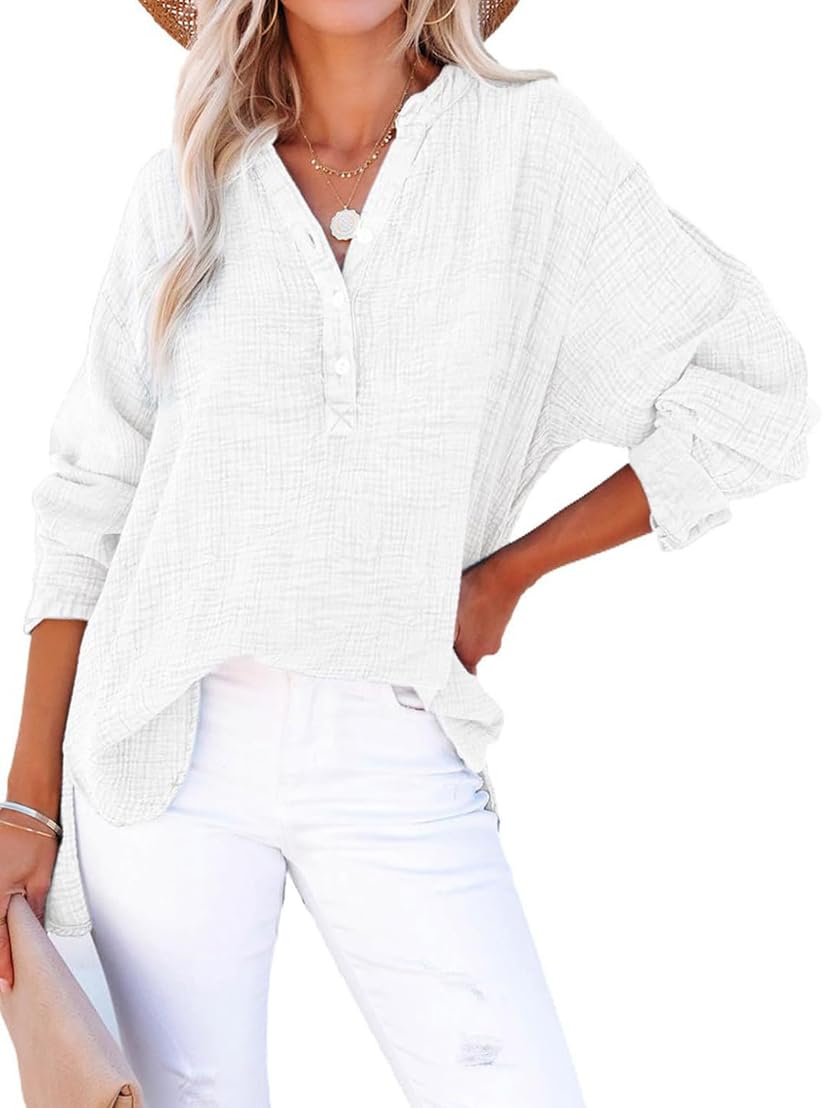 PADOLA Blusas Mujer Verano Camisa Causal Henley Algodon de Botones Camiseta Manga Larga Mujer de Plisado