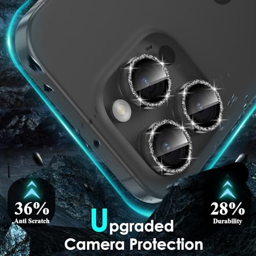 Image of YWXTW Designed for iPhone 15 Pro /iPhone 15 Pro Max Camera Lens Protector Bling, [New Glitter Design] Individual Metal Tempered Glass Camera Cover Accessories Case Friendly (Black Titanium Glitter)