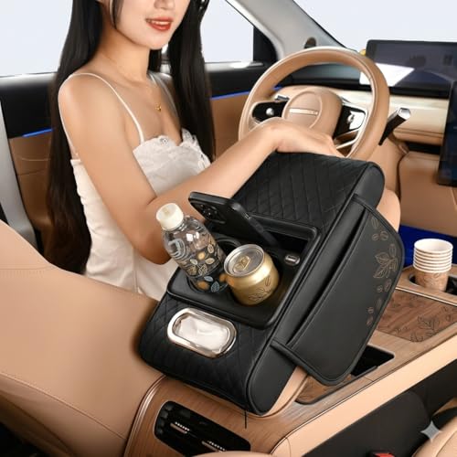 Image of Car Armrest Cushion, 5 in 1 Center Console Cover with 2 Cup Holders, Phone Holder, Tissue Holder, Storage Bag, Multifunctional Leather Heightened Car Armrest Cushion for Universal Fit (Black)
