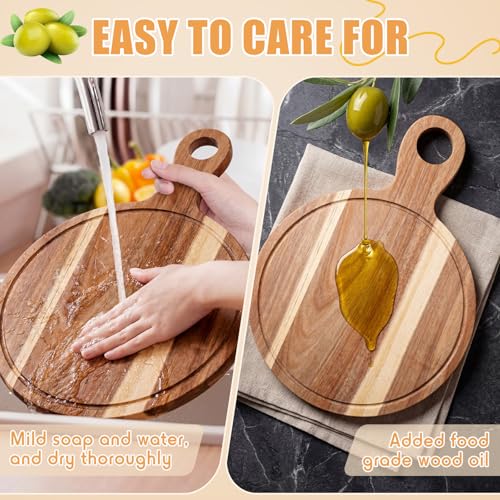 Image of 10 Pcs Acacia Wood Cutting Board with Handle Bulk 15.8 x 11.4'' Round Charcuterie Chopping Board for Pizza Cheese Meat Decorative Natural Wooden Serving Tray for Kitchen and Dining Room