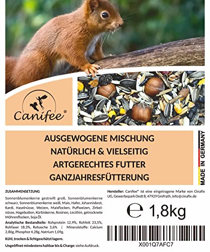 Canifee - Eichhörnchen Futter 1.8 kg Nachfüllpack artgerechtes Wildtierfutter ganzjährige Futtermischung - Nachfüllbeutel mit der extra Portion Haselnüsse - auch für Streifenhörnchen