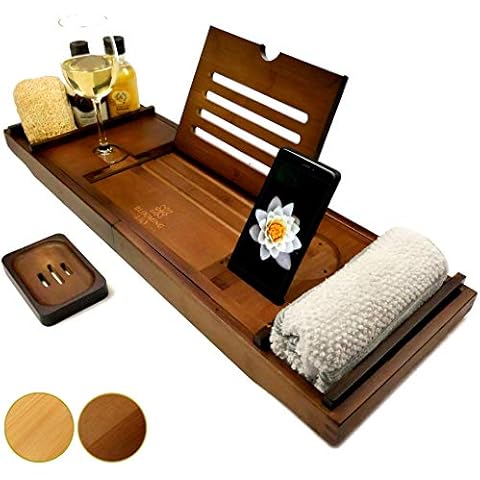 Blooming Lily - Bandeja de baño con Soporte para Copa de Vino, iPad, móvil y más (Marrón - Soporte Madera) Cover