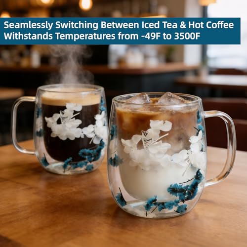 Taza de vidrio doble pared con flores secas, azul, 13.1oz miniatura 7