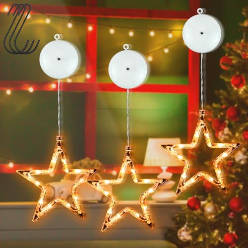 LED Sterne Weihnachtsdeko 3 Stück, 10 LED Weihnachtsbeleuchtung Fenster Sterne, Warmweiß Fensterdeko Lichterkette Batterie mit Saugnäpfe für Weihnachtsdeko Schlafzimmer Balkon Hochzeit Party
