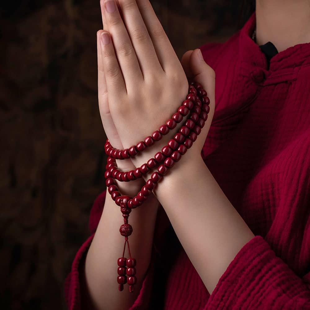 Koraliki modlitewne, naszyjnik z koralików, bransoletka, 108 naturalny różaniec cynobrowy naszyjnik bransoletka z wieloma pętlami budda beczka Mala różaniec do śpiewu medytacyjnego (rozmiar: 9 * 9 mm)