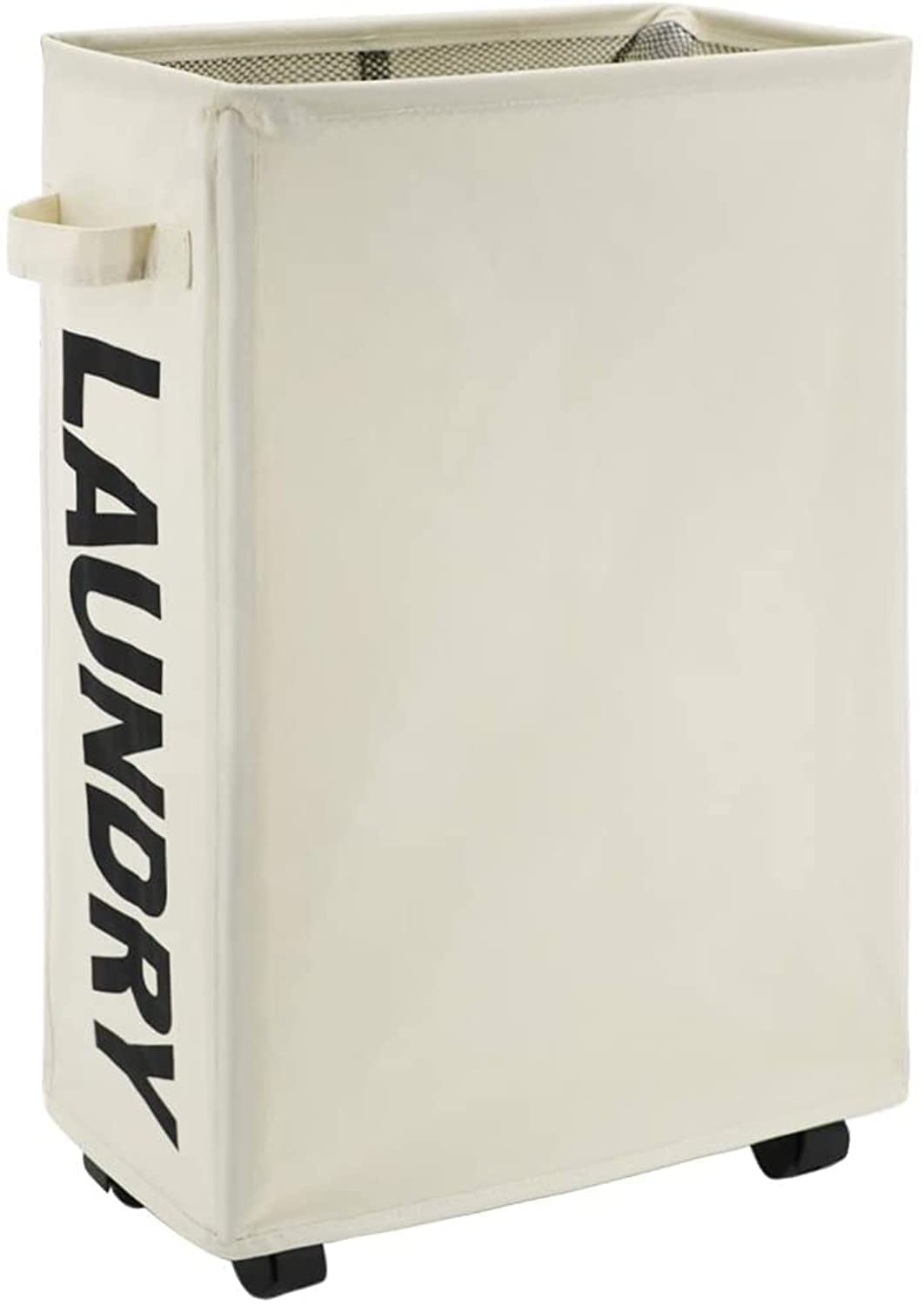 MIXDE Foldable Waterproof 22in Rolling Slim Tall Thin Dirty Laundry Hamper Basket Sorter and Organizer with Stand on Wheels (Beige)