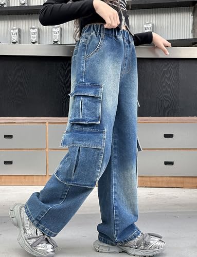 Panegy Girls Straight Jeans Wide Leg Denim Pants Kids Casual Y2K Cargo Jeans with Pockets 5-14 Years2