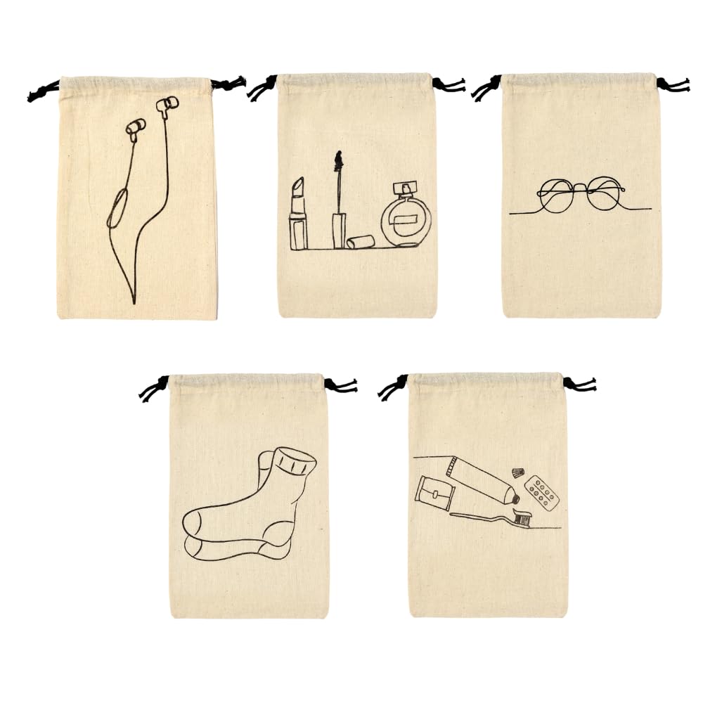 IVILLAGE Premium Reusable & Washable Cotton Fabric Drawstring Travel Pouch/Bag | Handcrafted Doodle Collection | Ideal for Earphones, Makeup, Sunglasses, Socks & Toiletries | Pack of 5 (B0BN49J8M5) Amazon Price History, Amazon Price Tracker