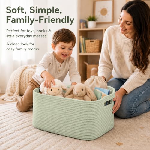 Image of 12.8GAL Small Cute laundry basket for nursery, Boho Square storage basket for Living Room Decor, Kids Girls Boys Toys Stuffed Animal Decorative Short Hamper for Dirty Clothes, Bath Towel Sage Green