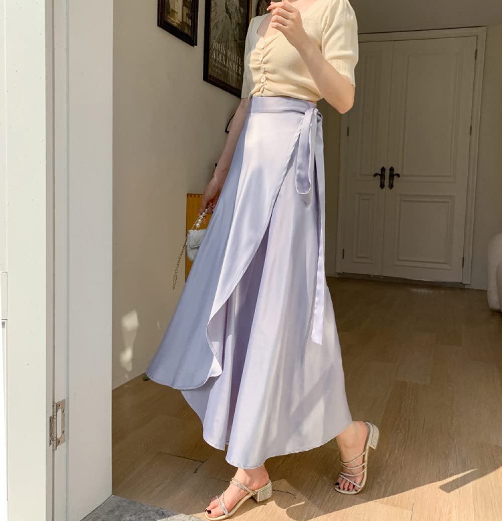 OZEO Rock Damen,Damen Flieder Satin Midiröcke Hohe Taille Schnürrock Überlappung Rüschen Wickelrock Sommer Schlitz Unregelmäßig A-Linie Swing Geraffte Elegante Lange Röcke Für Mädchen Damen,S