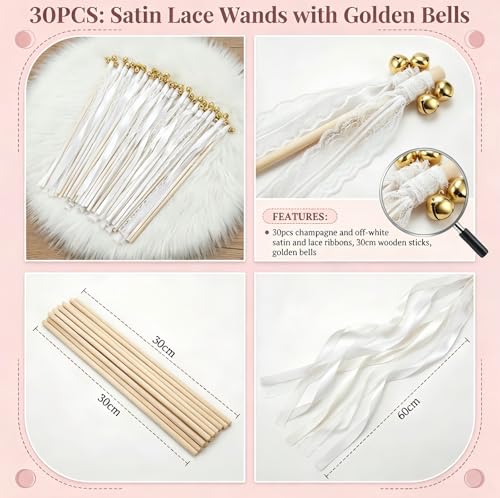 Wedding Wands 30 czarodziejskich różdżek weselnych, serpentyny, z dzwoneczkami, romantyczne, jedwabne różdżki na wesela, urodziny, imprezy, święta, Boże Narodzenie, kolor biały