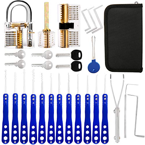 Luxebell Lock Picking, 33 PCs Dietrich Set mit 3 transparenten Übungsschlössern bieten 4 Schwierigkeitsstufen für Anfänger und Schlosserausbildung