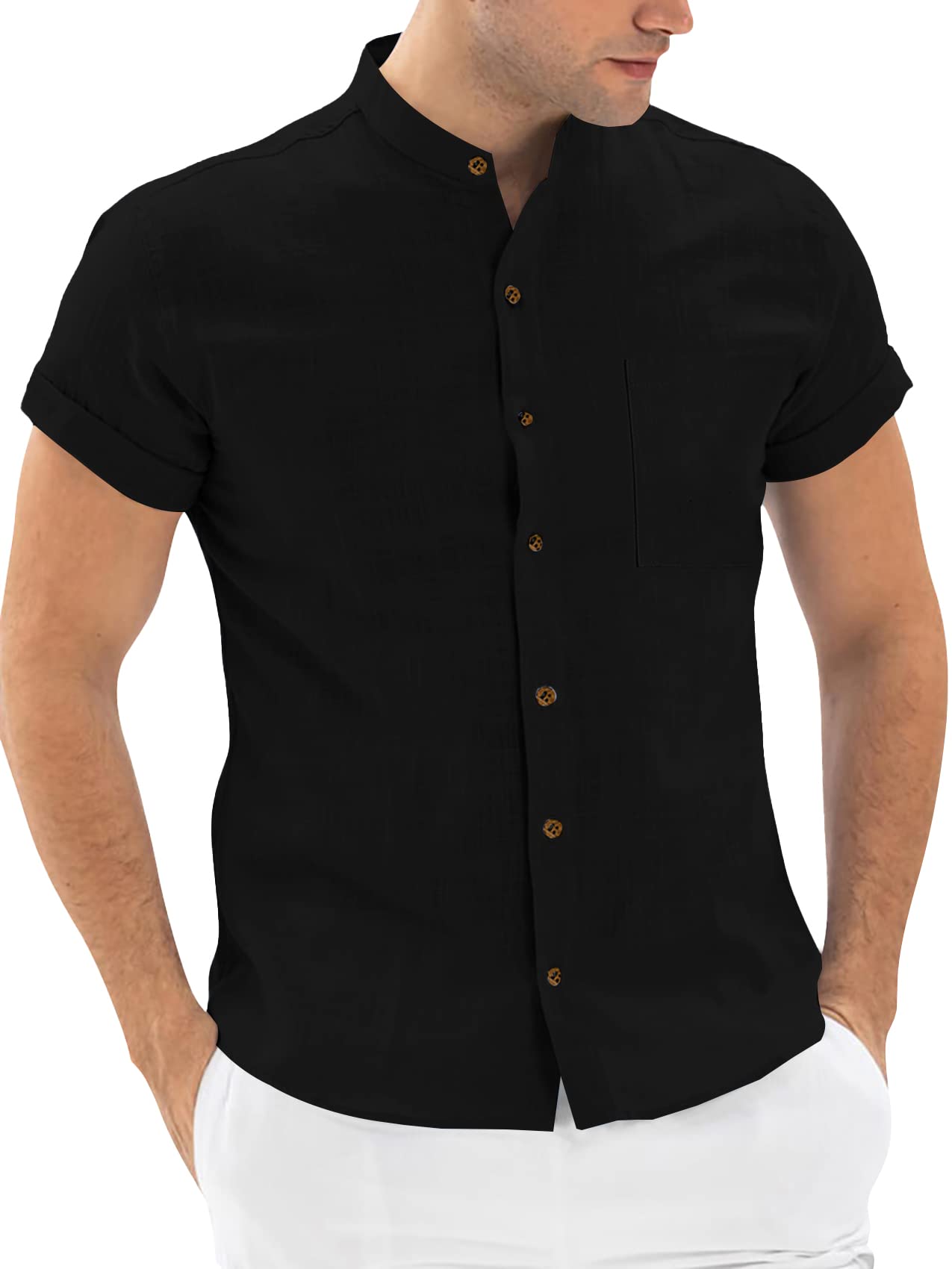 Runcati Camisa de lino de algodón para hombre, de manga corta, para tiempo libre, de verano, sin cuello, con bolsillo en el pecho, corte regular