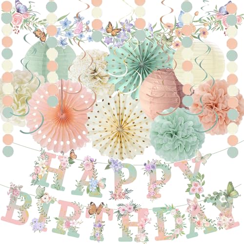 Sage Green Blush Pink Birthday Decorations Flower Butterfly Happy Birthday Banner Wildflower Garland Paper Lanterns Tissue Pom Poms for Spring Summer Boho Fairy Garden Tea Party Neutral Dcor