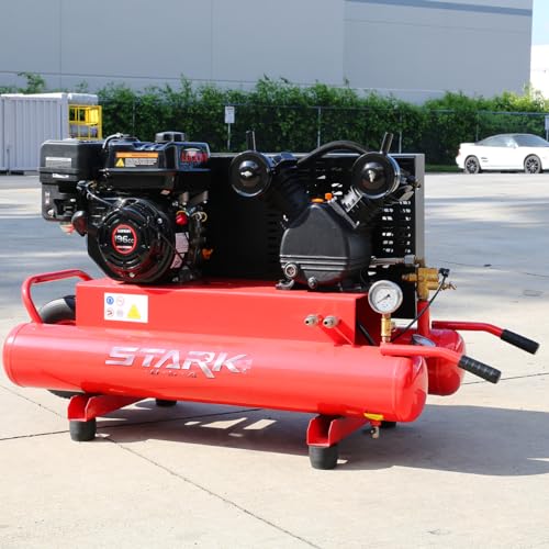 Stark USA 6.5HP Gas Driven Piston 10-Gallon Twin Tank Air Compressor Wheelbarrow Horizontal Compressor Dual Tank, Flat-Free Rubber Tire Service Truck
