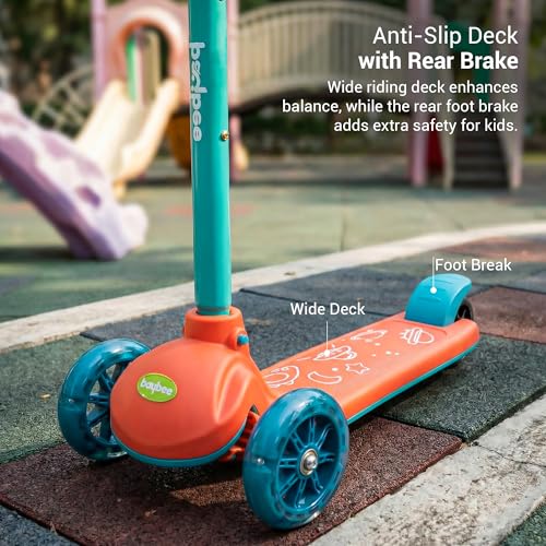 Image of Baybee Rydon Kids Scooter with 3 Height Adjustments | Portable Kick Scooter with PU LED Lights & Rear Brake | 3 Wheel Skating Scooter | Runner Scooter for Kids 2 to 10 Years Boys Girls (Orange)