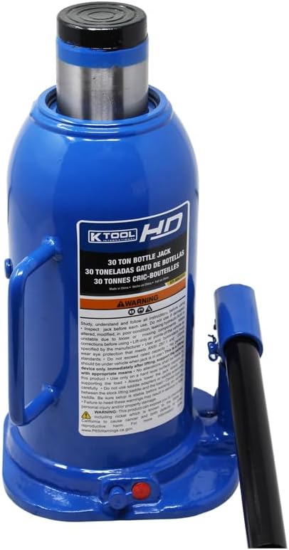 K Tool International HD63230 30 Ton Hydraulic Bottle Jack for Garages, Repair Shops, and DIY, 60,000 lbs. Capacity, Lift Range 10.24" - 16.54", Heavy Duty Steel, Load-limiting/Bypass Valves, Blue