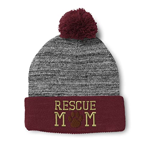 Pom Pom Beanies for Women Rescue Mom Dogs Cats A Embroidery Skull Cap Paw Dogs Winter Hats for Men Acrylic 1 Size Heather Gray Burgundy Design Only
