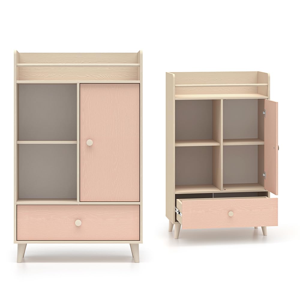 Lomadox Kinderzimmer Set 2-teilig in Sandbeige mit rosa, Kleiderschrank mit 2 Kleiderstangen Regal offen Softclose-Funktion fühlbare Holzstruktur