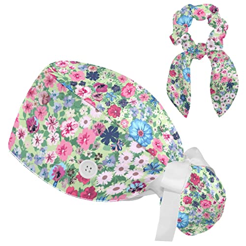Image of Butterfly Scrub Cap Women with Ponytail & Buttons Adjustable Surgical Nurse Hat with Cotton Sweatband for Long Hair