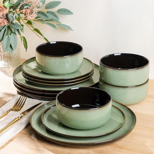 Image of LERATIO Ceramic Dinnerware Sets for 4,12 Pieces Poreclain Plates and Bowls Sets,Scratch Resistant Dishes,Dishwasher & Microwave Safe Dishes Set,Service for 4-Light Geen