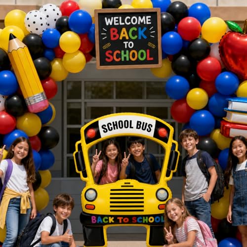 Image of Colingmill 35 Inch School Bus Photo Frame Back to School Inflatable Balloon Decorations Photo Backdrop Booth Selfie Frame Background for Classroom Party Supplies