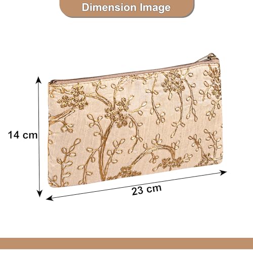 Image of Kuber Industries 2 Pcs Polyester Hand Purse for Woman with Zip | Lightweight & Compact Ladies Purse /Wallet for Travelling, Party, Wedding & Events | Embroidery Design - Cream