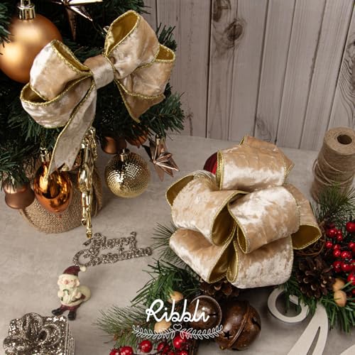Image of Ribbli Champagne Velvet Wired Ribbon 2.5 Inch Metallic Champagne Gold Crushed Velvet Christmas Ribbon for Gift Wrapping Christmas Tree Decoration Crafts Wreaths Supplies-Continuous 10 Yards