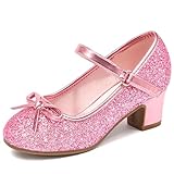 Osinnme Little Girls Dress Shoes Pink Heels Kids Princess Shoes for Girls Sparkle Princess High Heels Size 4 Kids Fancy Party Dress up Pumps Wedding Cute Bow Flats(OS13ShPink 4)