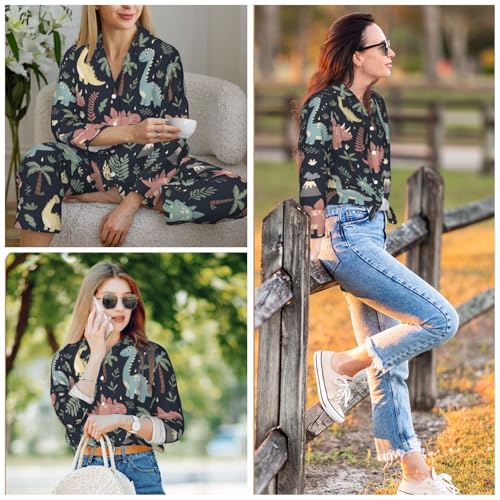 Image of Women'S Long Sleeve Pajama Set Soft Loungewear Button-Down Top & Elastic Waist Pants S- 2XL