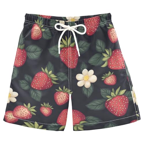 Boys Swim Trunk Strawberry Fruit Daisy Red Quick Dry Beach Board Shorts Teen Swimwear