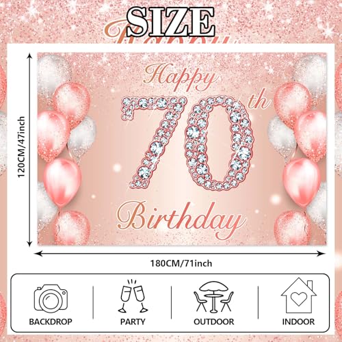 Image of Happy 70th Birthday Rose Gold Banner Cheers to 70 Years Old Backdrop Confetti Balloons Theme Decor for Women 70 Years Old Pink Birthday Party Decorations Bday Supplies Background Favors Gift Glitter