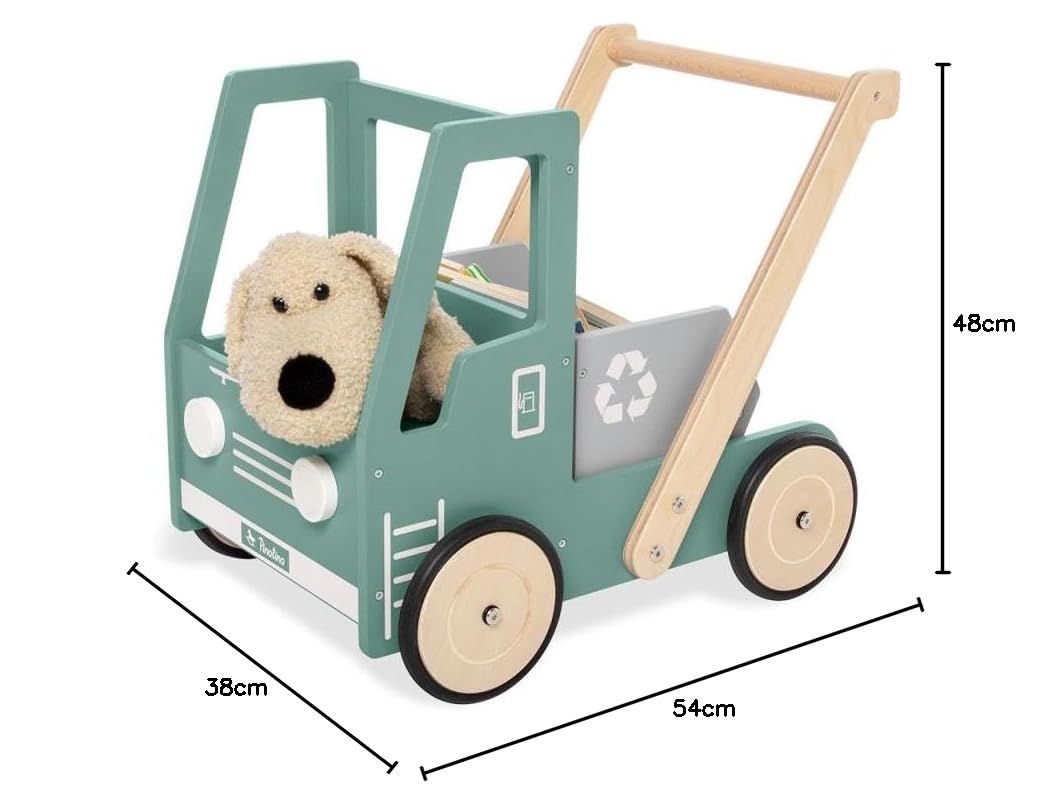 PINOLINO Lauflernwagen Kipplaster Fred, aus Holz, mit Bremssystem, gummierten Holzrädern und kippbarer Mulde, grün und bunt lackiert