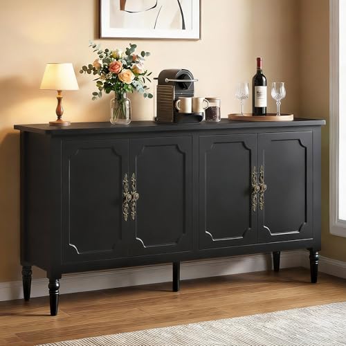 RoyalCraft 59' Buffet Cabinet with Storage, Vintage Sideboard with Adjustable Shelves & Carved Handle, Mid Century Modern Painted Credenza Coffee Bar for Kitchen, Dining Room, Satin Black