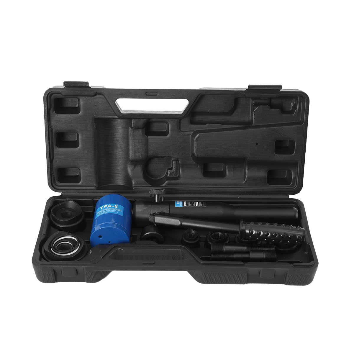 Punzonatrice Idraulica 8T con 6 Matrici 22,5–61,5 mm, Kit di Punzonatura per Lamiera e Acciaio Inox fino a 3,5 mm, Testa Rotante 360°
