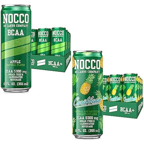 NOCCO BCAA Apple & Caribbean Pineapple Decaf Pack - 12 Count (Pack of 24) - 0mg of Caffeine, 5000mg of BCAAs - Sugar Free & Carbonated Drink - Vitamin B6, B12, & Biotin - Grab & Go Performance Drink Cover