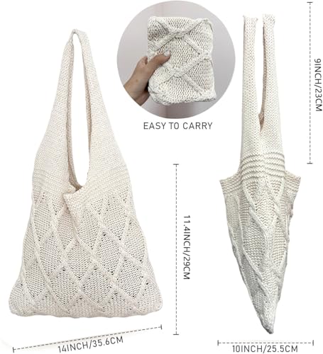 Image of Crochet Tote Bag Beach Mesh Knitted Bag Large Aesthetic Shoulder Bag Handbags Hippie Bag Hollow Hobo Bag for Women (Beige)