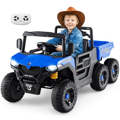 COSTWAY 24V Kinder Elektroauto, Kinderauto mit elektrischer Kippmulde & Fernbedienung, Kinderfahrzeug mit Musik, Geschichten, LED-Lichter & Federung, Elektrofahrzeuge für Kinder ab 3 Jahren (Blau)