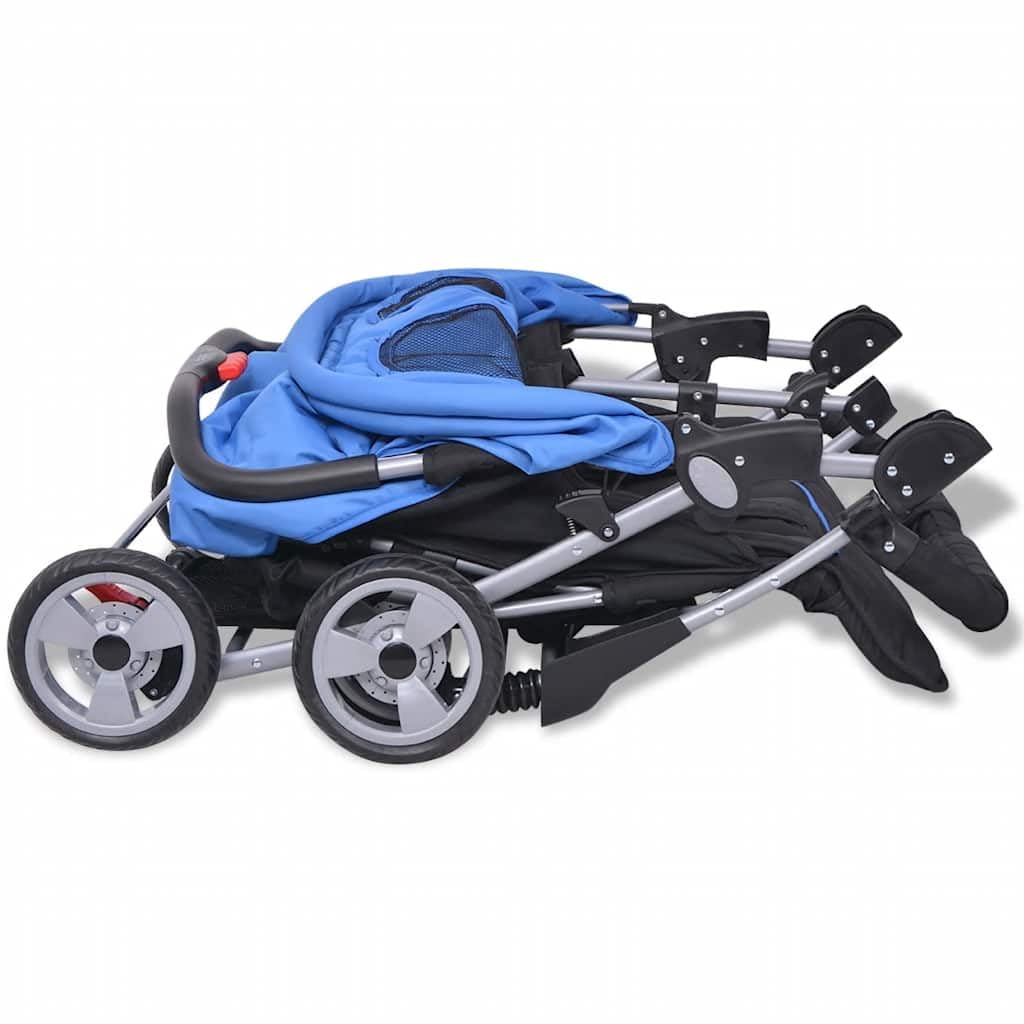 Carrito doble de acero azul y negro plegable con función reclinable y toldo, compacto y ligero para bebés y niños pequeños, ideal para la ciudad, viajes y terrenos
