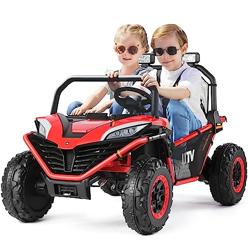 ELEMARA 2 Seater Ride on Car,12V Battery Powered Off-Road UTV Toy,4WD Electric Car with Remote Control,LED Lights,Bluetooth, 3 Speeds,2 Spring Suspension for 3-8 Boys & Girls,Red,48.2