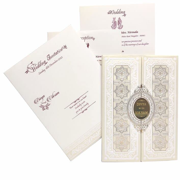 King of Cards Pearl White Door Type Wedding Invitation Card 25.50 X 19.00Cm (Set of 50)