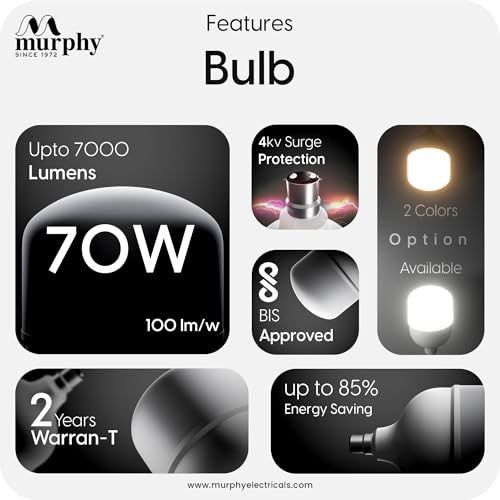 Image of Murphy 70W LED Bulb - Cool Daylight | High Wattage Energy-Saving Bulb | B22 Base | Long Life | 6500K Bright White | 2-Year Warranty (Pack of 4)