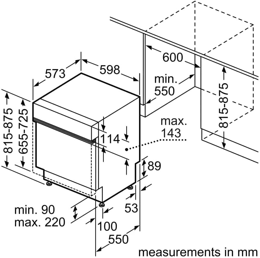 Dimensional drawing of the Bosch SMI50D05TR dishwasher showing height, width, and depth measurements for installation