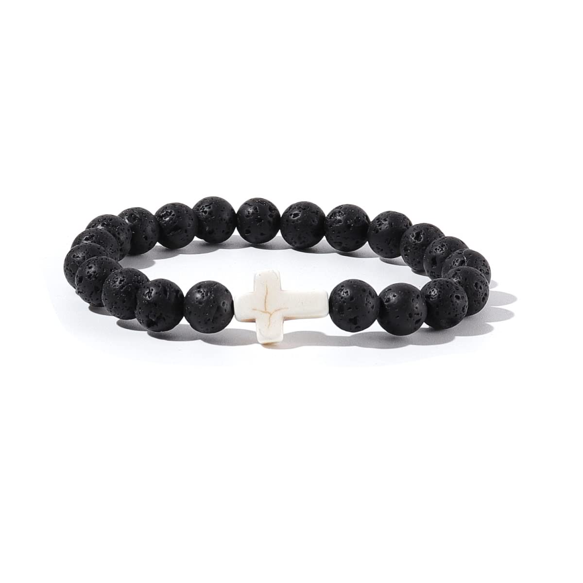 Caiyao 8MM Ornament Lava Volcanic Stone Beads Turquoise Cross Elastic Stretch Bracelet Religion Bangle for Women Men